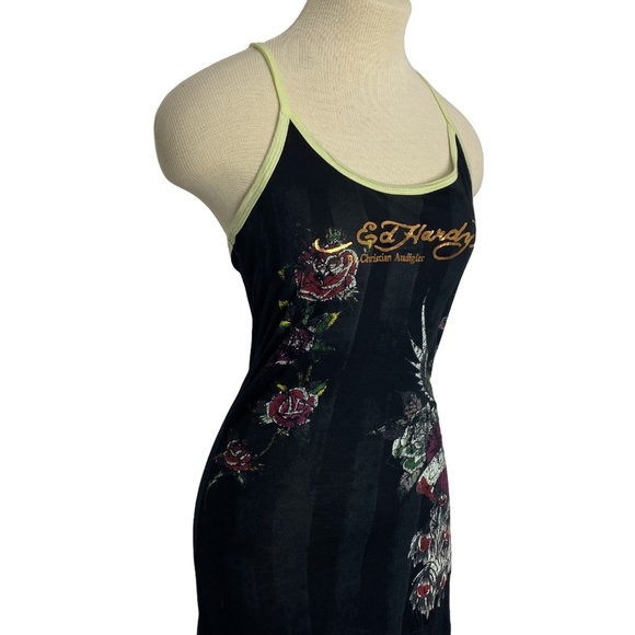 RARE NWT ED HARDY Black Rayon Peacock Rose Tattoo Racerback Dress Y2K M - Picture 4 of 15